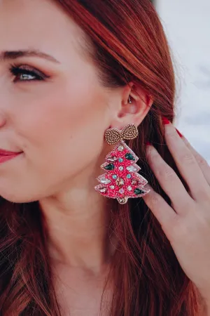 Hot Pink Christmas Tree Beaded Earrings - Hot Pink