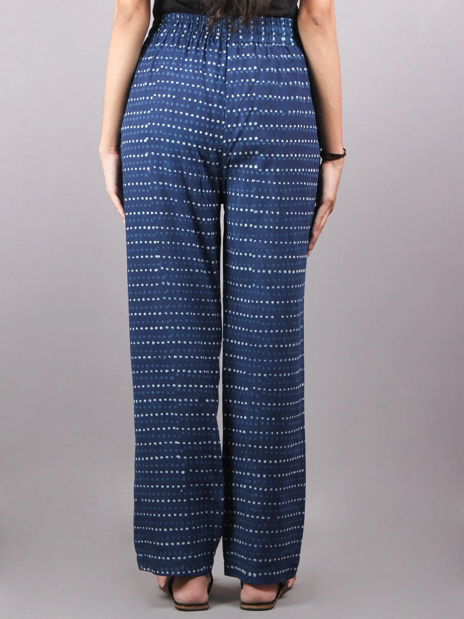 Indigo dotsHand Block Printed Elasticated Waist Trousers- T0317034