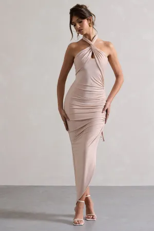 Jaiya | Champagne Ruched Halter-Neck Asymmetric Maxi