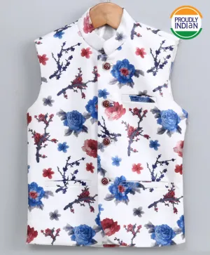 Jashvi Boy's Imported Fabric Floral Print White Nehru Jacket