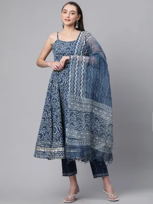 Jashvi Indigo Hand Block Printed Anarkali Kurta Pant Set with Dupatta