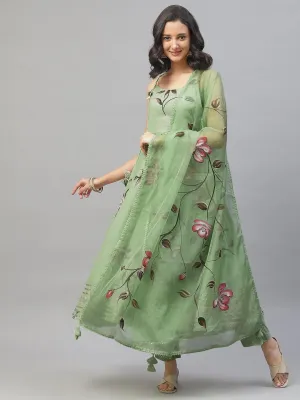 Jashvi Light Green Hand Painted Floral Anarkali Kurta Pant Set with Dupatta