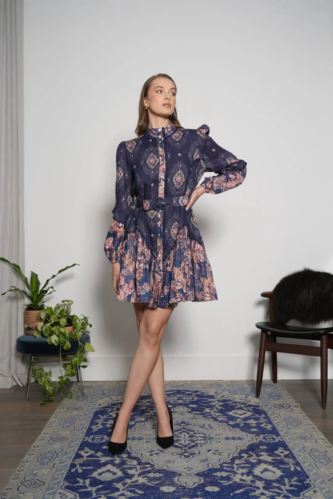 Lulu Zagame Empire Mini Dress in Navy & Diamond Patchwork