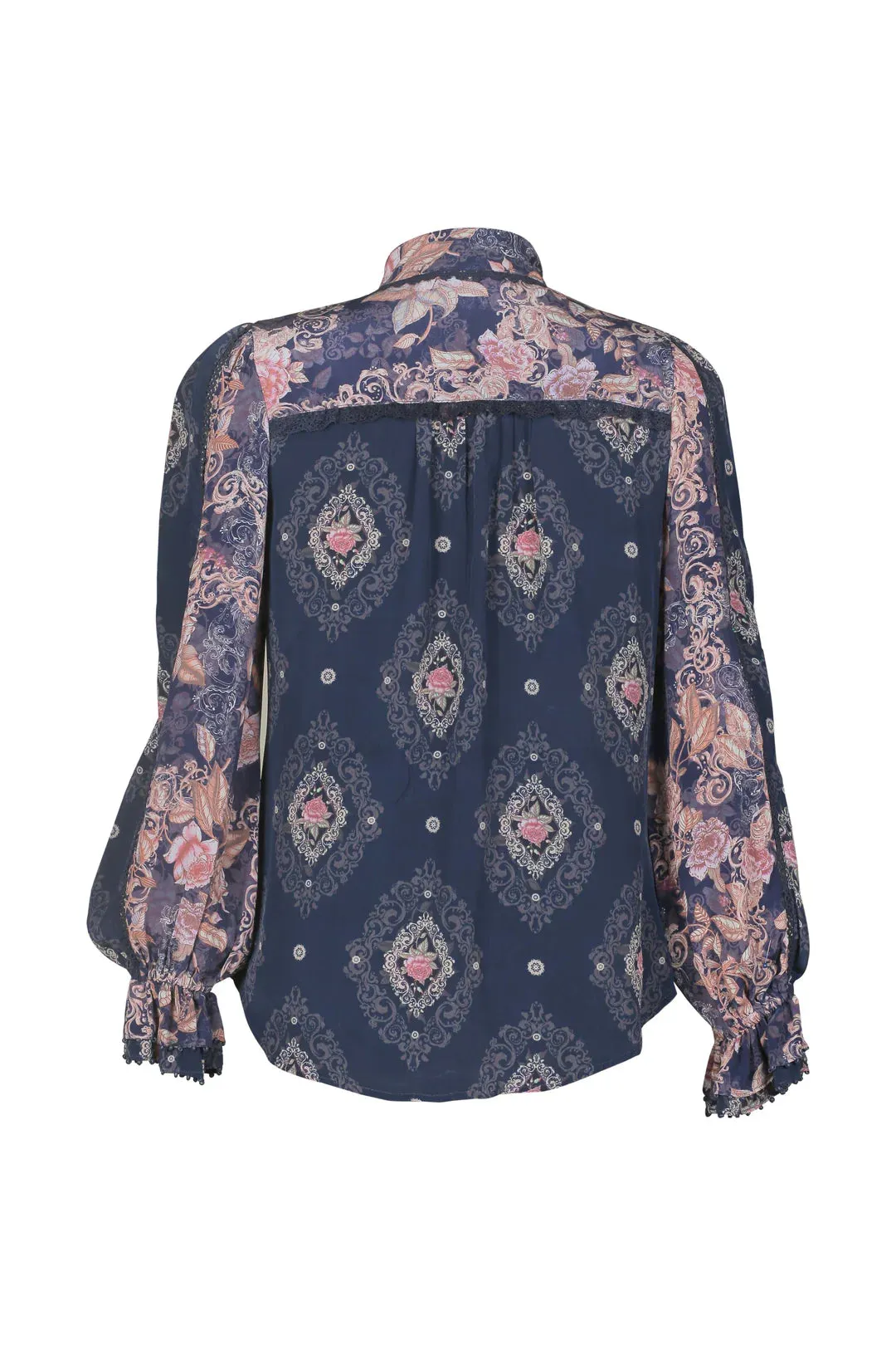 Lulu Zagame ruffle Blouse Navy Diamond & Patchwork