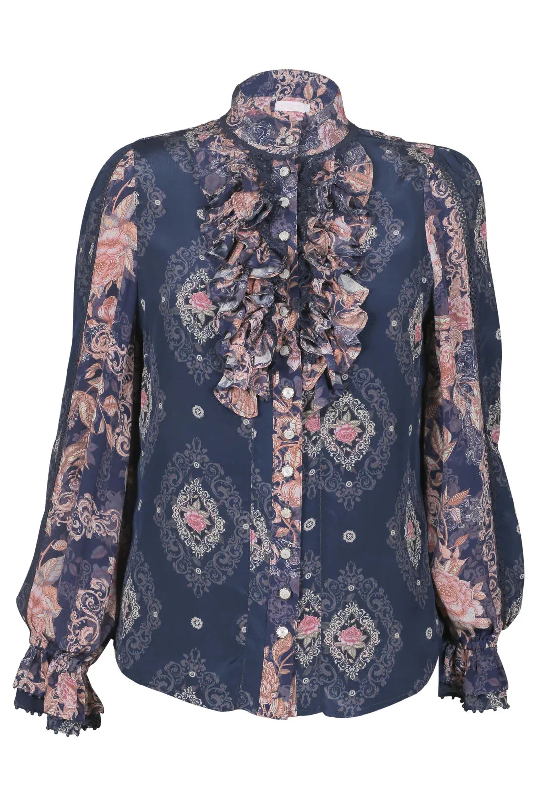 Lulu Zagame ruffle Blouse Navy Diamond & Patchwork