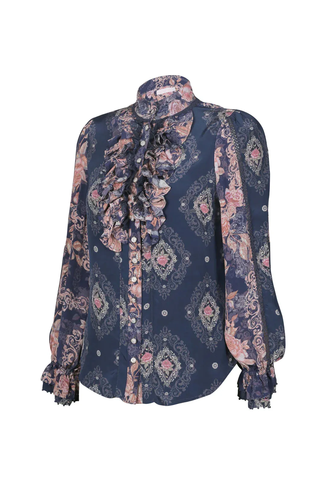 Lulu Zagame ruffle Blouse Navy Diamond & Patchwork