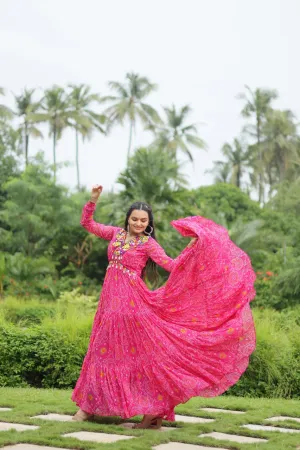 Magenta Elegant Bandhani Print Gown with Kutchi Patchwork in Faux Georgette