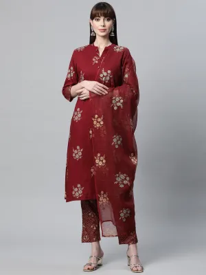 Maroon Rayon Kurta Pant Set With Kota Doria Dupatta