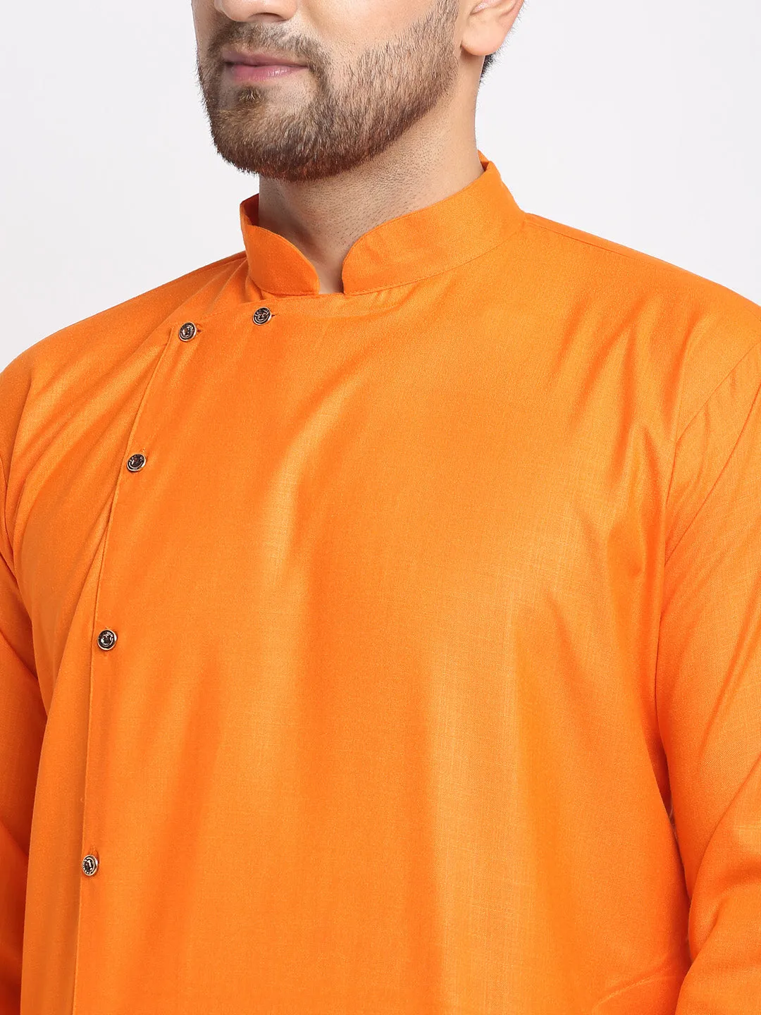 Men's Orange Solid Angrakha Kurta With White Churidaar Pyjama - Benstoke