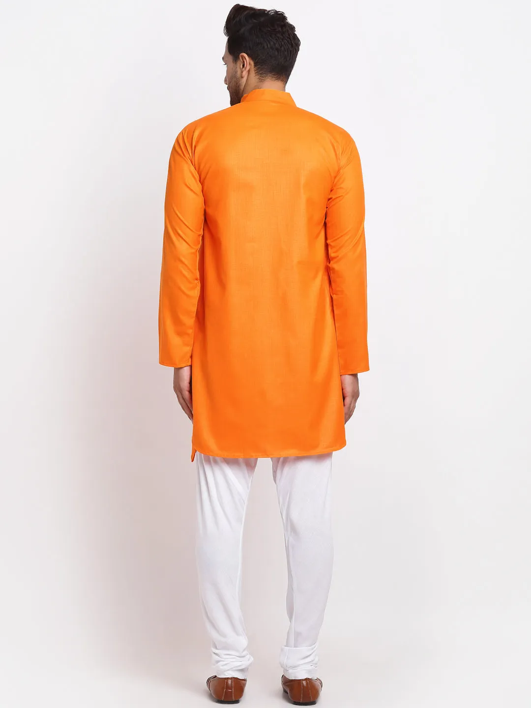 Men's Orange Solid Angrakha Kurta With White Churidaar Pyjama - Benstoke