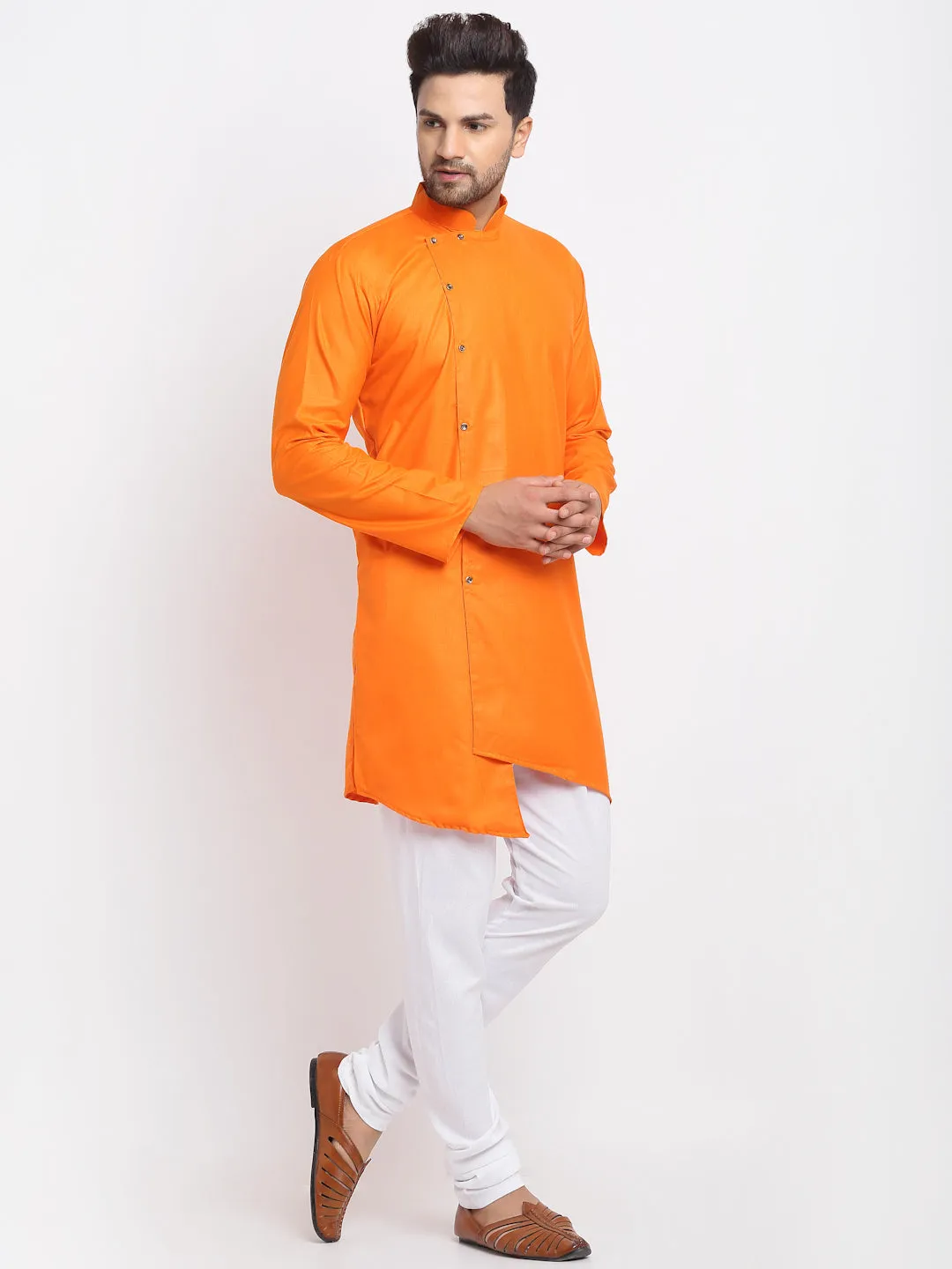 Men's Orange Solid Angrakha Kurta With White Churidaar Pyjama - Benstoke