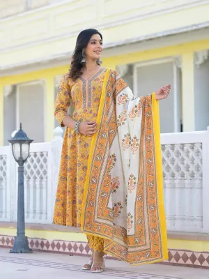 Mustard Yellow Floral Print Anarkali Kurta Trouser And Dupatta Set