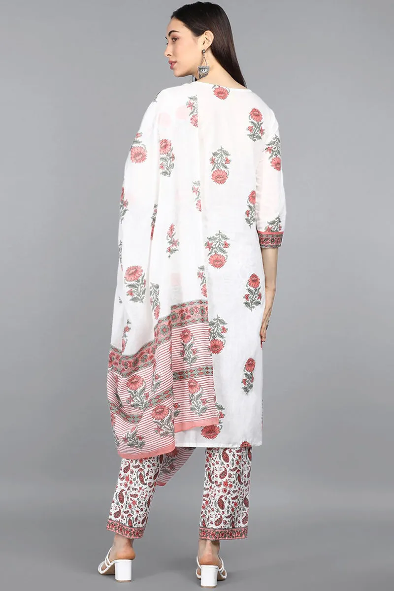 Off White Ethnic Motifs Printed Kurta Palazzo Dupatta Set -