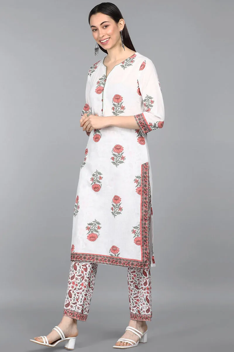 Off White Ethnic Motifs Printed Kurta Palazzo Dupatta Set -