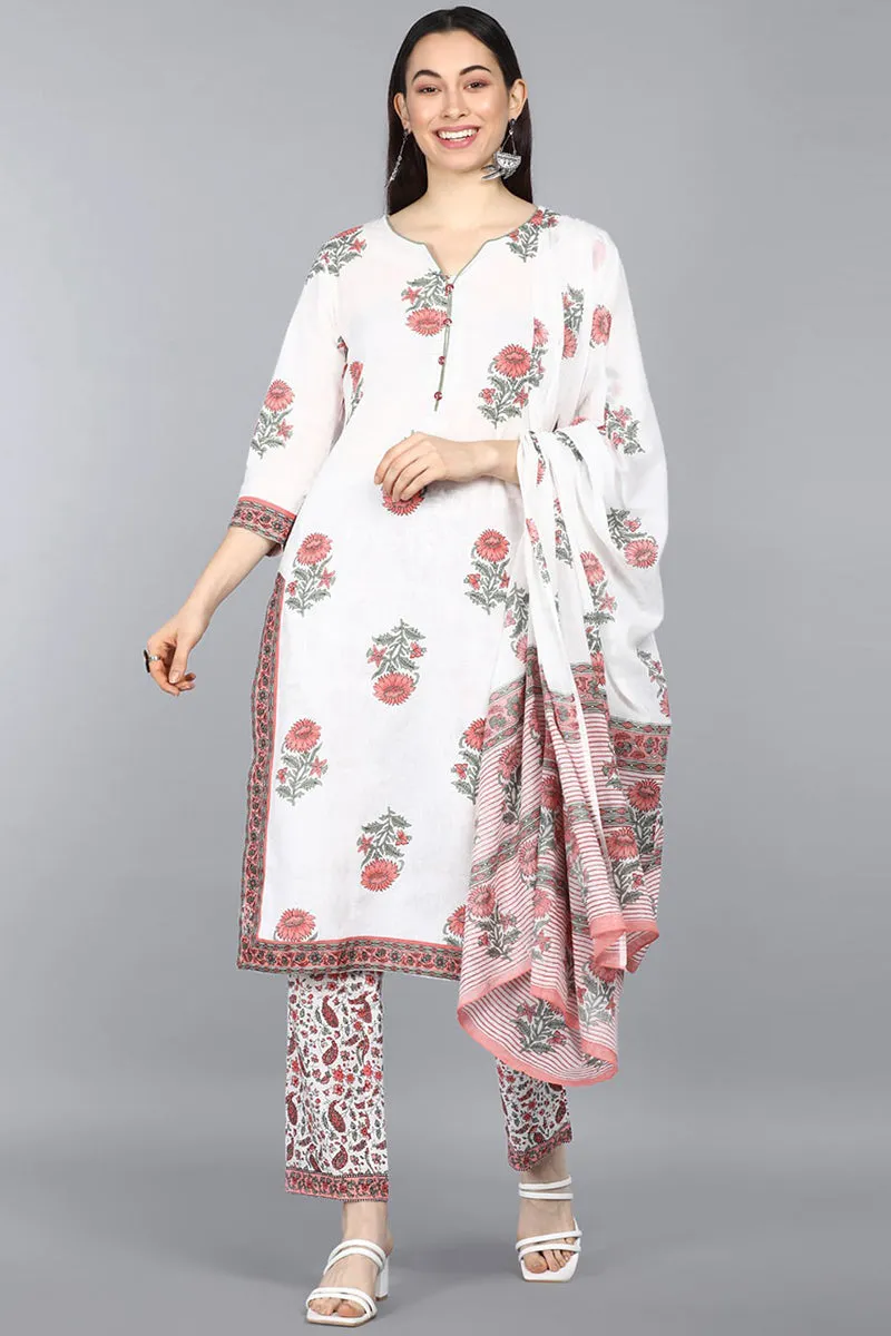 Off White Ethnic Motifs Printed Kurta Palazzo Dupatta Set -