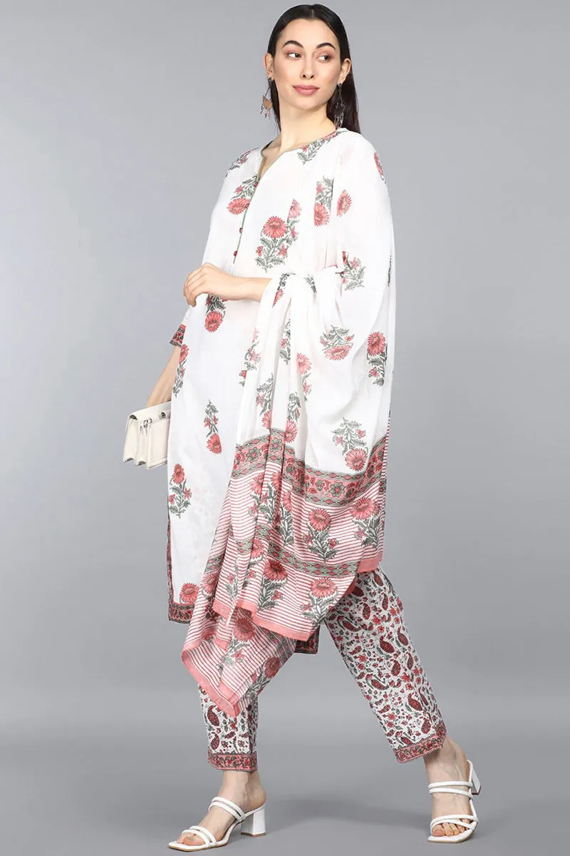 Off White Ethnic Motifs Printed Kurta Palazzo Dupatta Set -