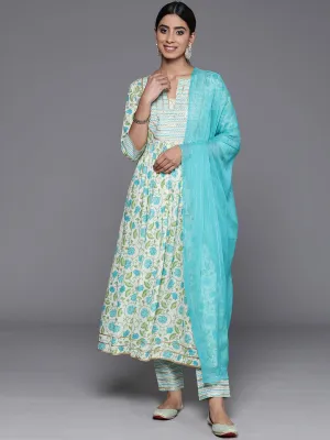 Off White Yoke Design Cotton Anarkali Suit With Dupatta