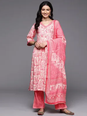 Peach Printed Silk Blend A-Line Kurta With Palazzos & Dupatta