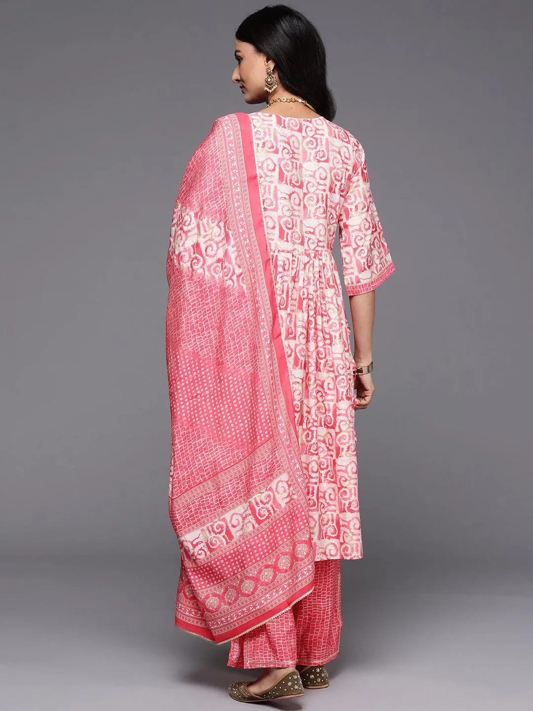 Peach Printed Silk Blend A-Line Kurta With Palazzos & Dupatta