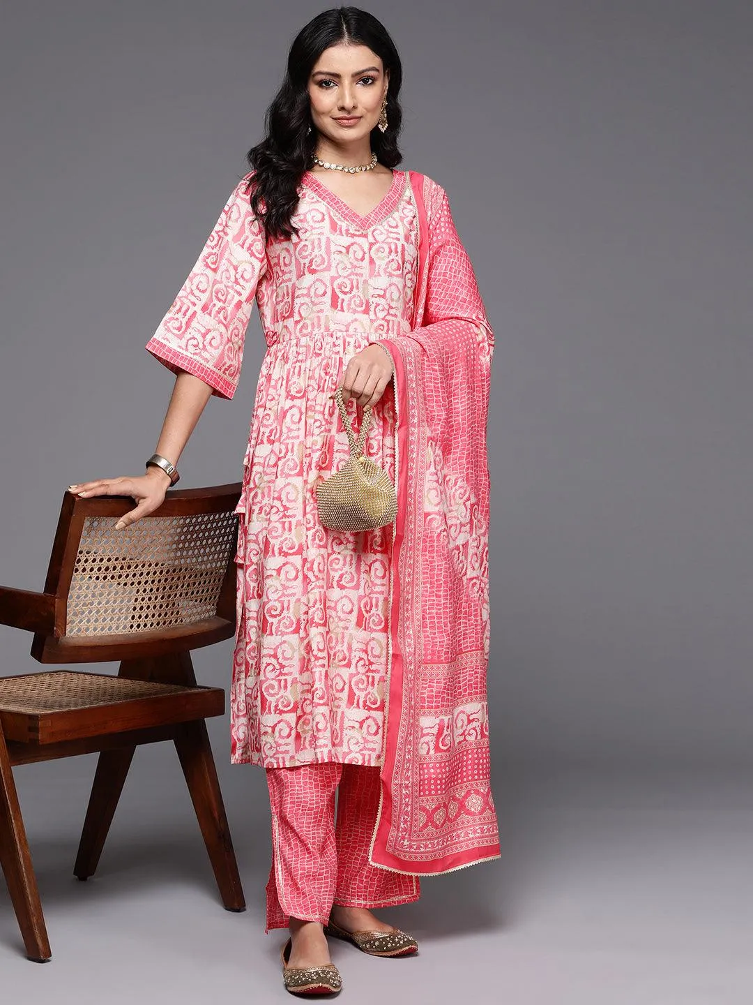 Peach Printed Silk Blend A-Line Kurta With Palazzos & Dupatta