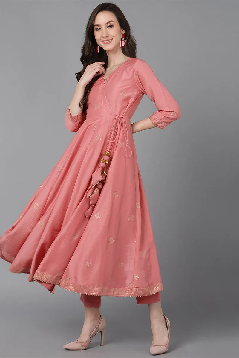 Pink Poly Silk Solid Kurta Trousers With Dupatta