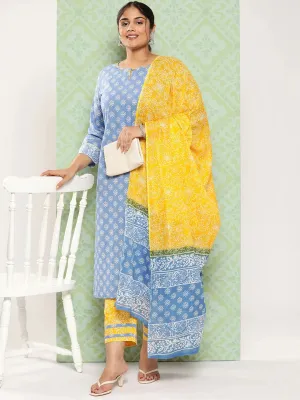 Plus Size Ethnic Motifs Printed Thread Work Pure Cotton Kurta Set