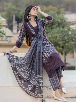 Purple Printed Kurta Dupatta Set