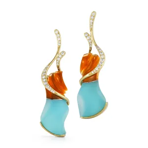 "Fire" Carved Turquoise, Rock Crystal, Citrine and Diamond Earrings