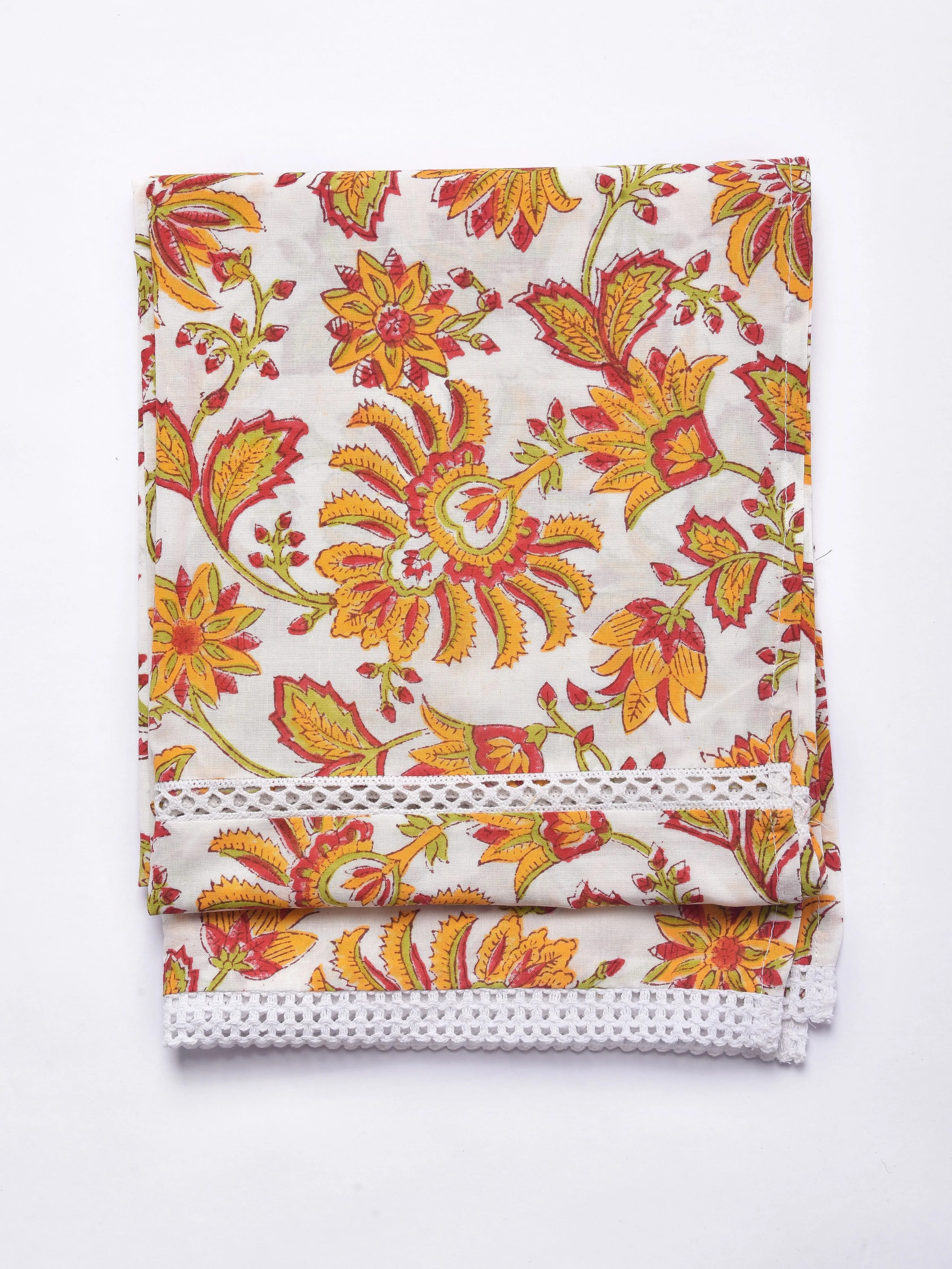 Red Floral On White Cotton Block Print Stole