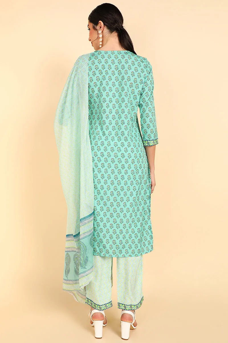 Sea Green Polyester Floral Print Straight Suit Set