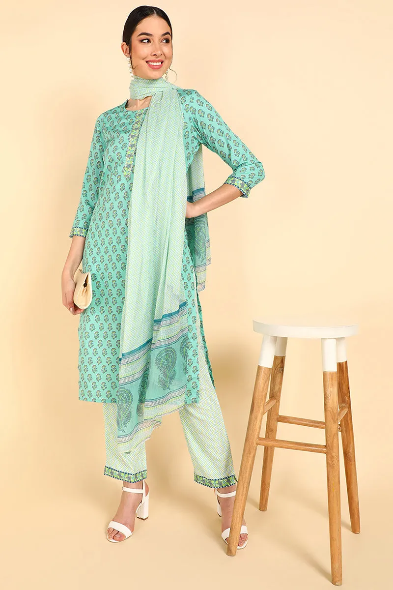 Sea Green Polyester Floral Print Straight Suit Set