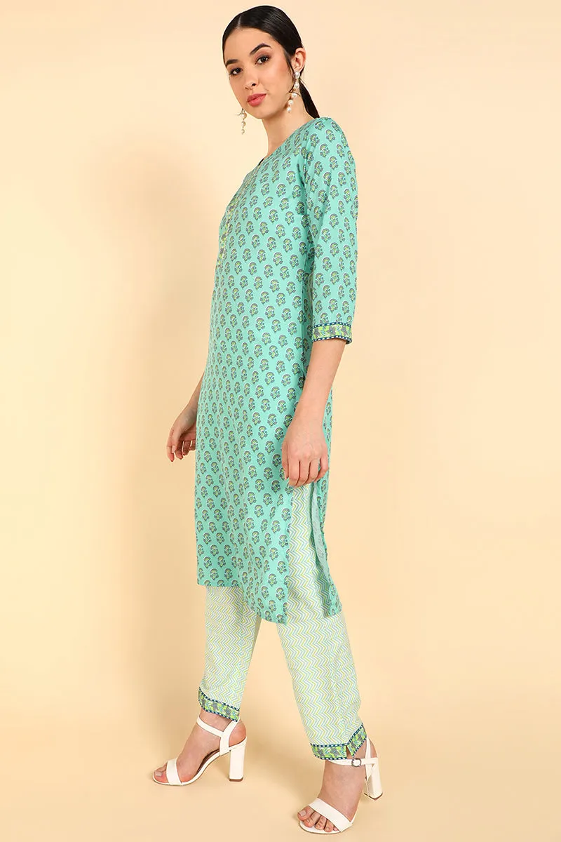 Sea Green Polyester Floral Print Straight Suit Set