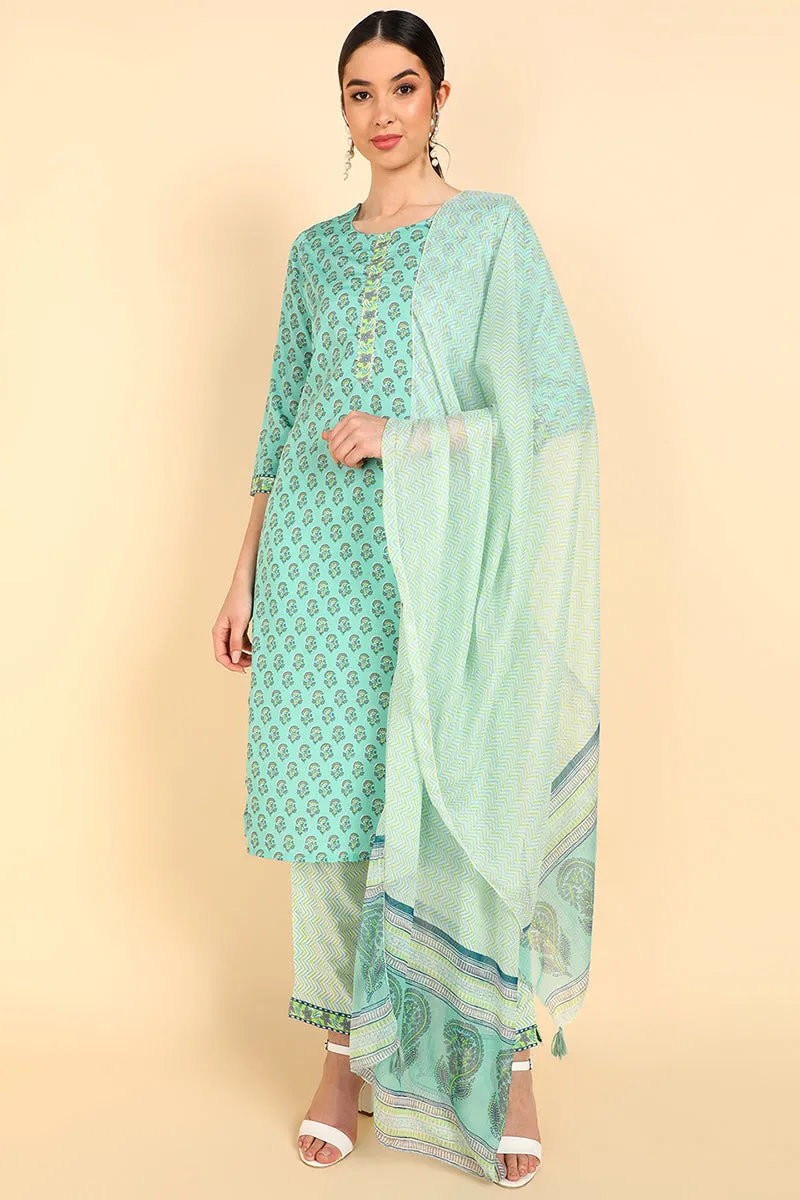 Sea Green Polyester Floral Print Straight Suit Set