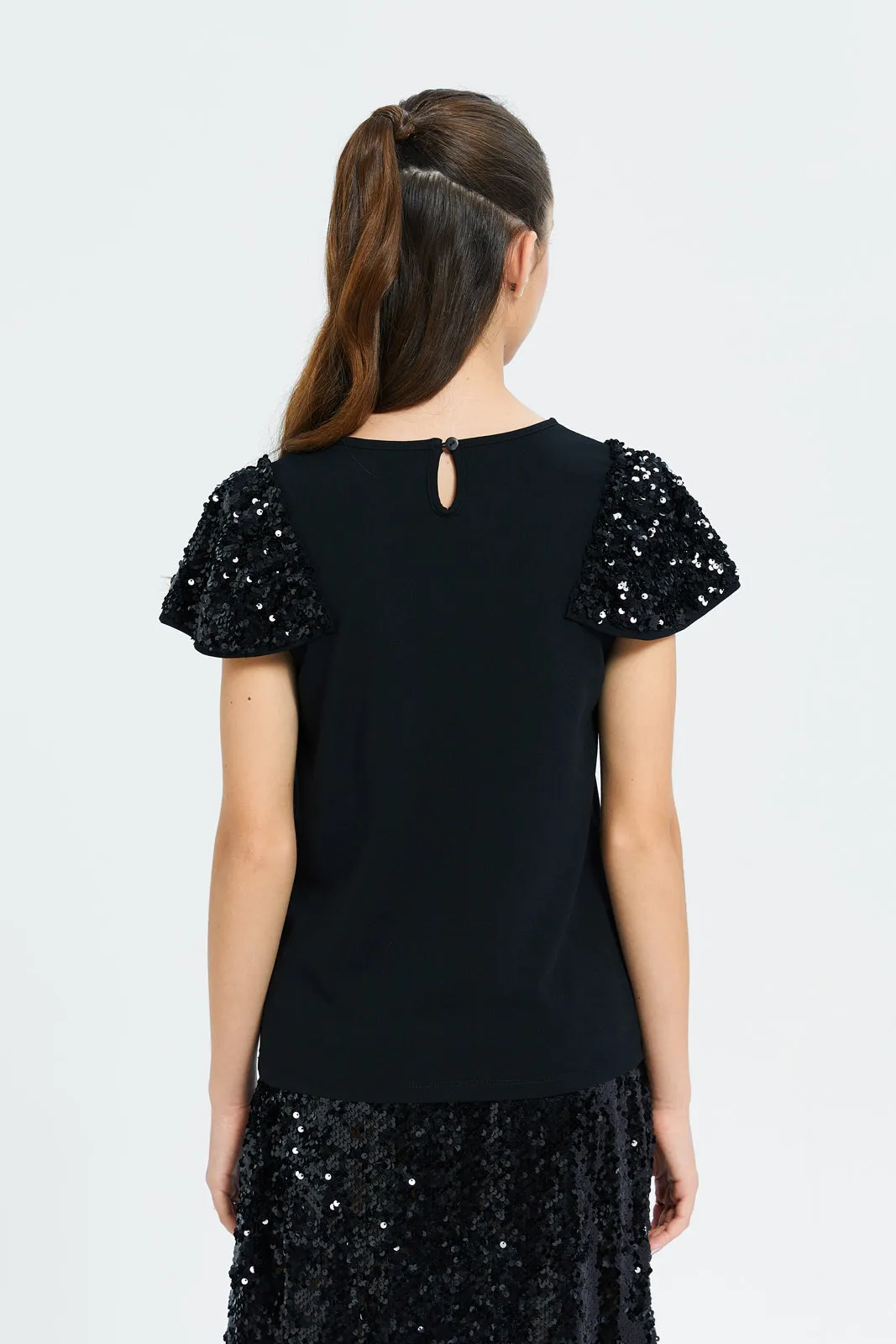 Senior Girls Black Sequins Sleeve Top