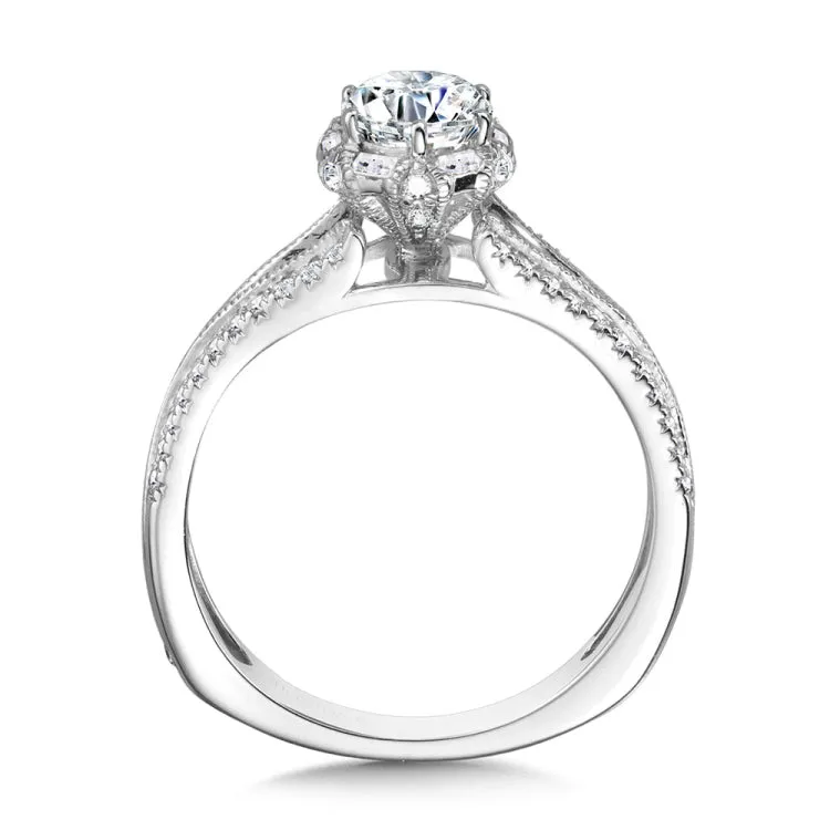 Six-Prong Milgrain-Beaded Split Shank Baguette Halo Engagement Ring