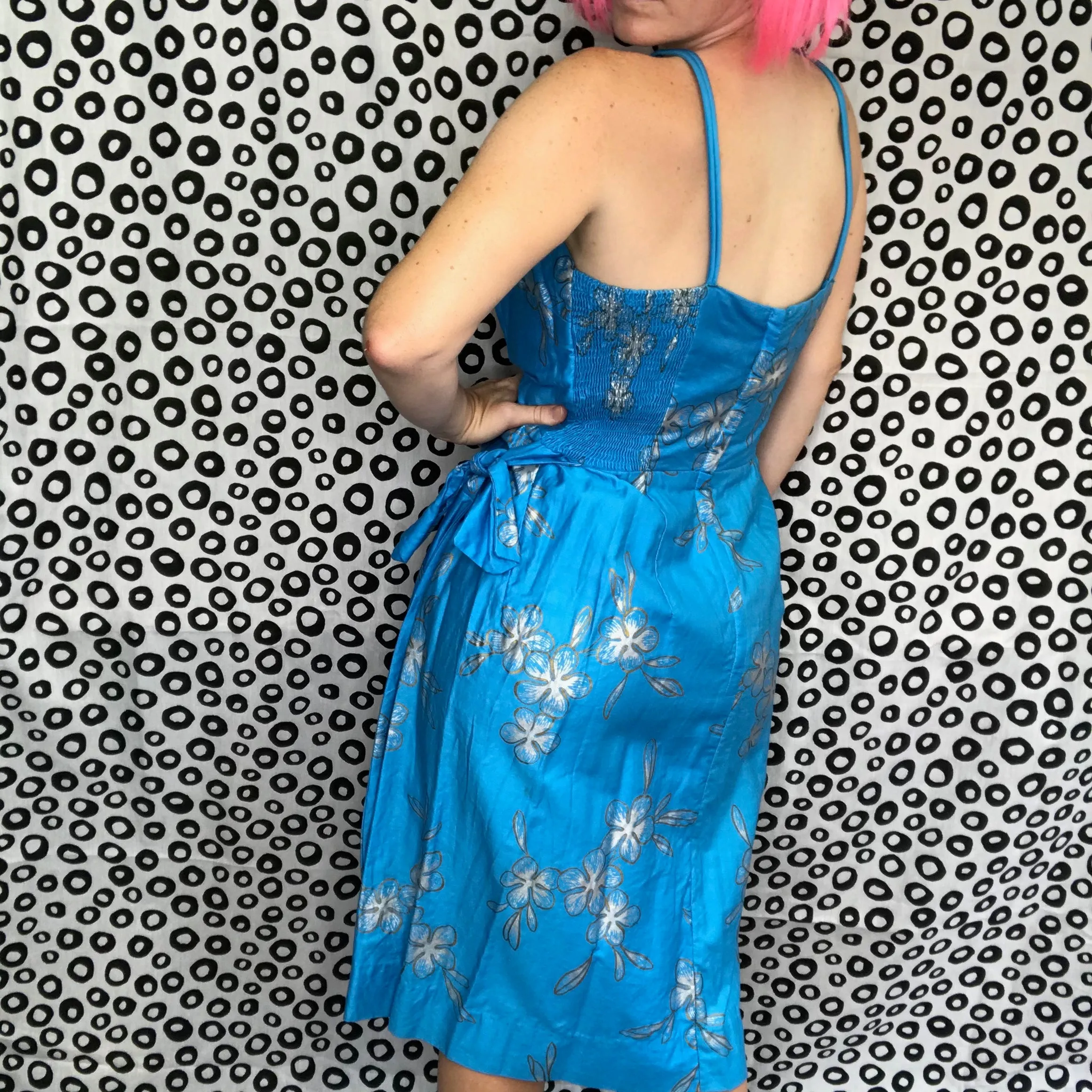 Vintage 50s Shaheen Style Bombshell Sarong Pinup Tiki Mini Wrap Wiggle Dress M