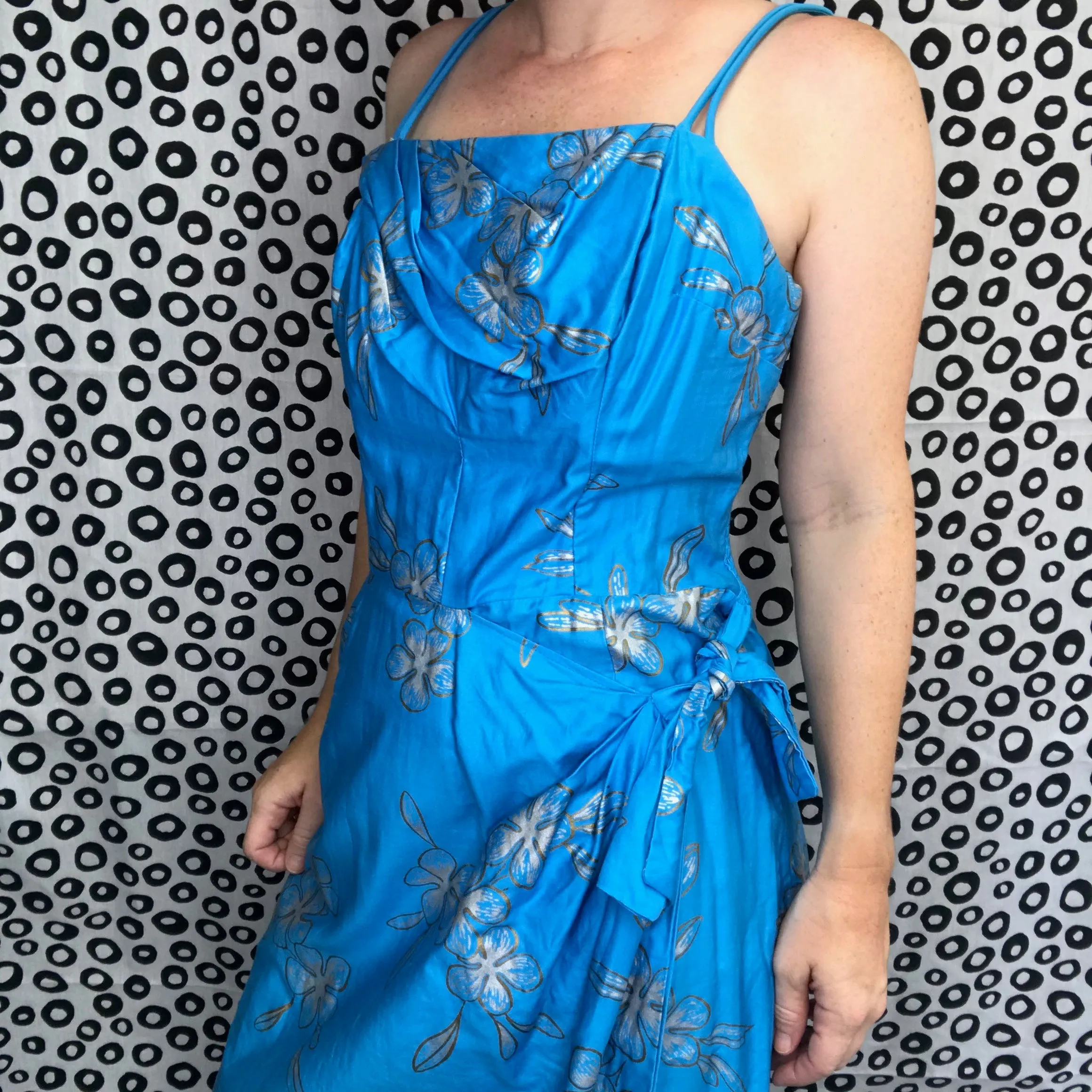 Vintage 50s Shaheen Style Bombshell Sarong Pinup Tiki Mini Wrap Wiggle Dress M