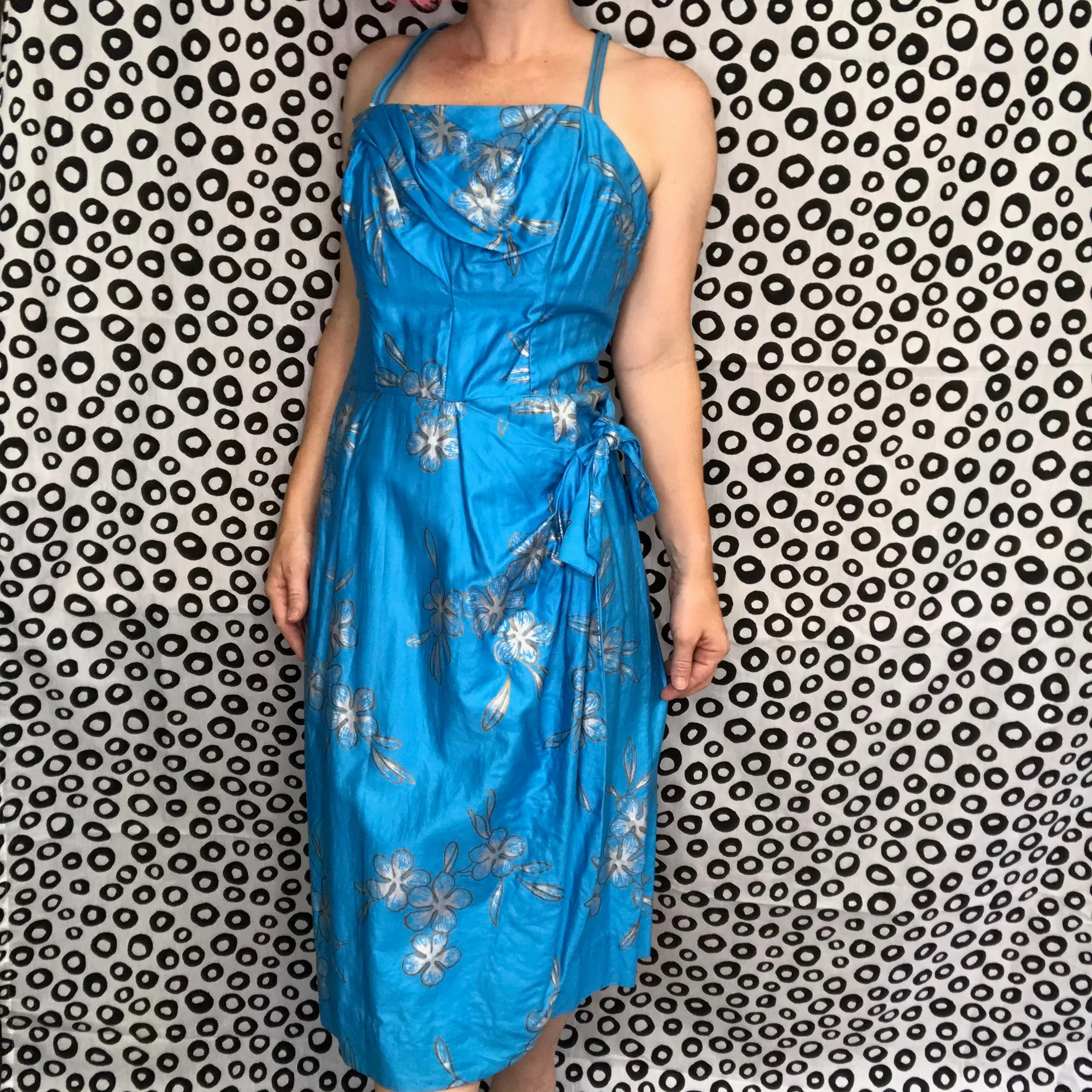 Vintage 50s Shaheen Style Bombshell Sarong Pinup Tiki Mini Wrap Wiggle Dress M