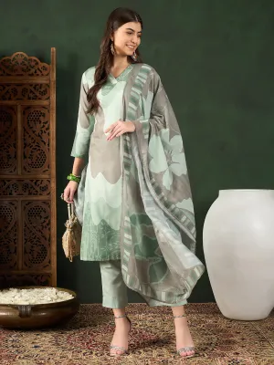 Women Green Silk Blend Abstract Printed Straight Kurta Trouser With Dupatta