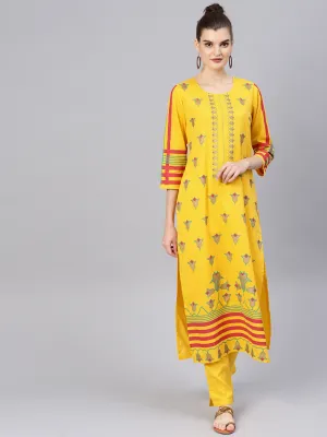 Women Yellow Red And Golden Block Printed Printed Kurta With Trousers