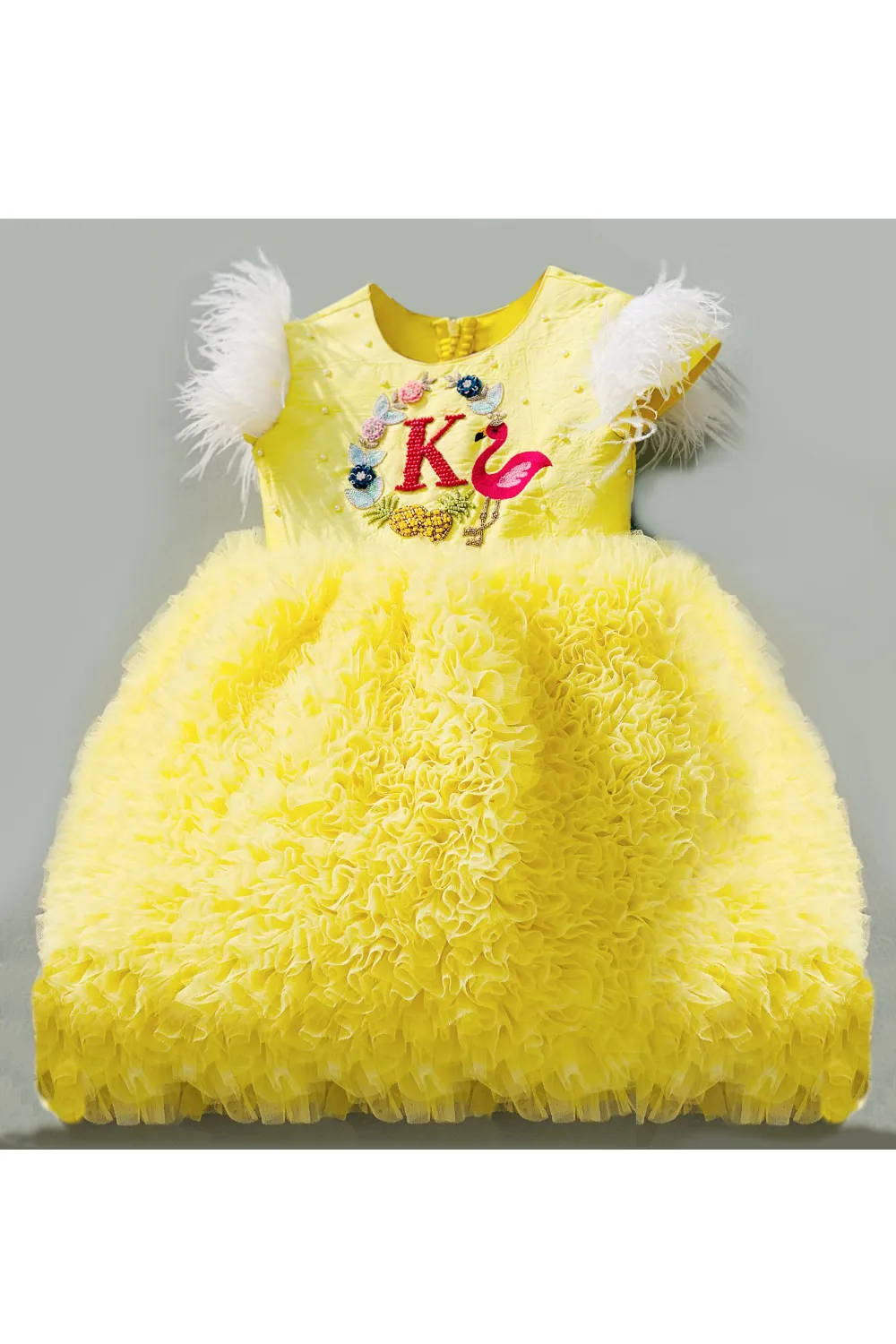 Yellow hand embellished personalised flamingo theme dress