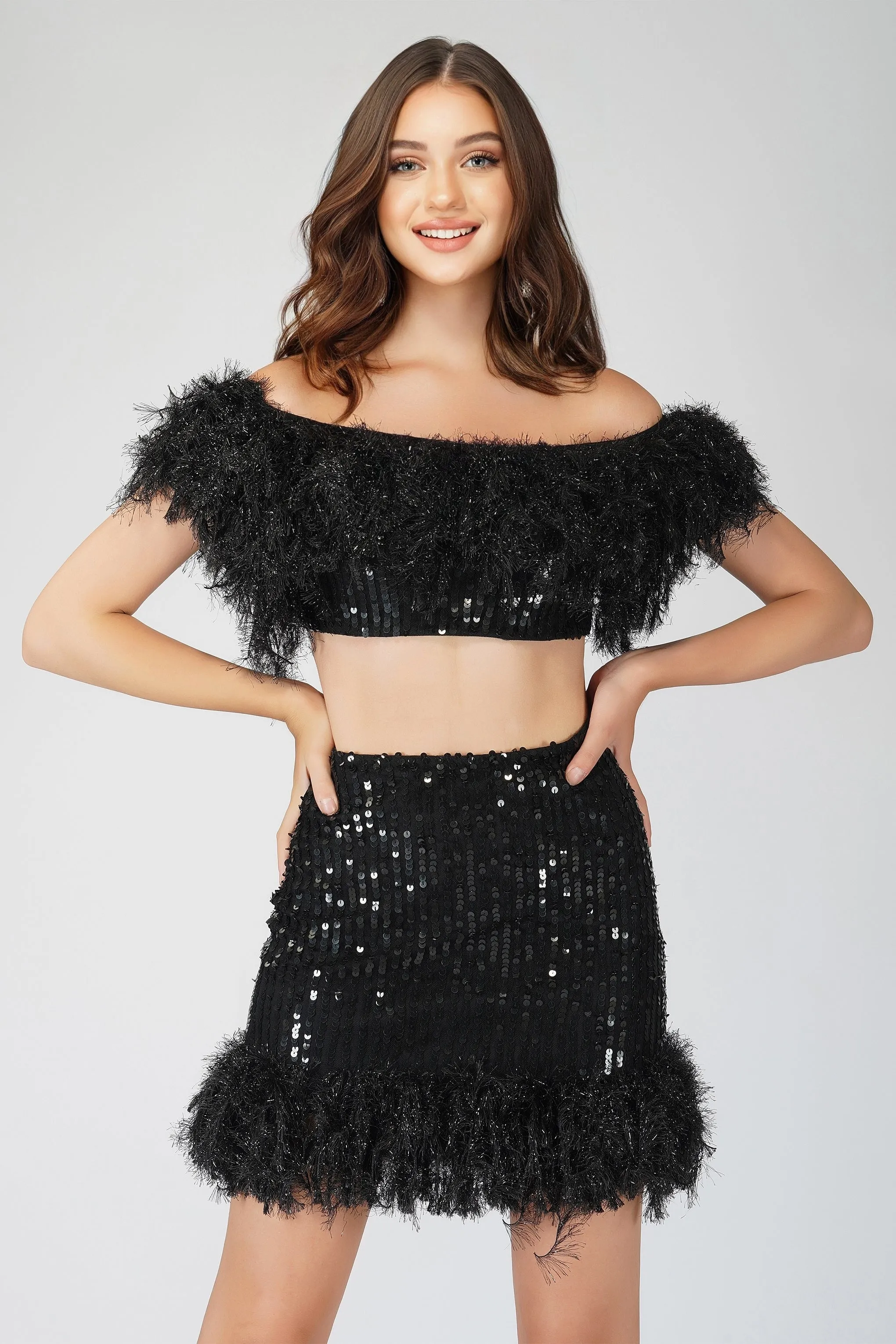 Zuri Sequin Black Feather Top